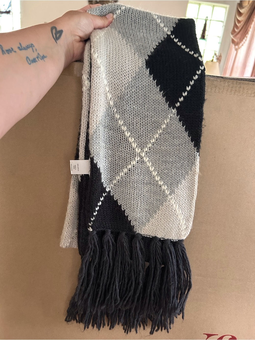 New York & Company Black, Gray, Cream Argyle Fringe Throw